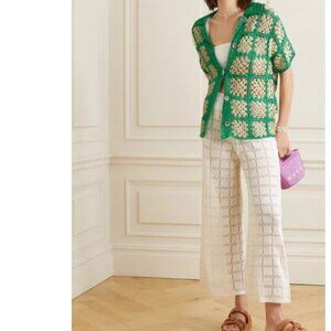 Calle del Mar Checked Crochet Cardigan Button Front Shirt Green Ivory Sz S
